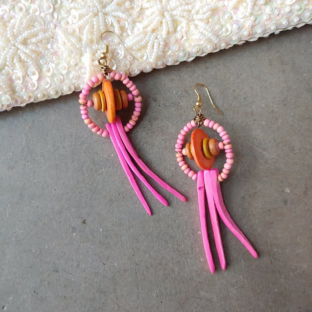 Handmade Coastal Boho Statement Abstract Pink Orange Wooden Bead Dangle Earrings